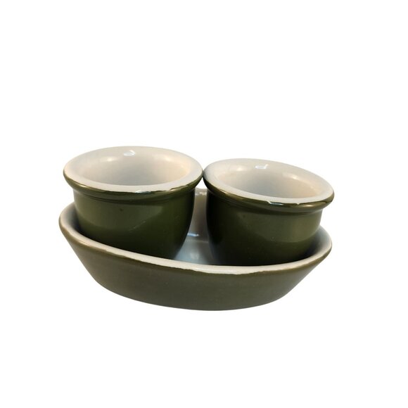 Vintage Hall Pottery Cups & Oval Dish Set Olive Green White USA Made - Picture 8 of 13